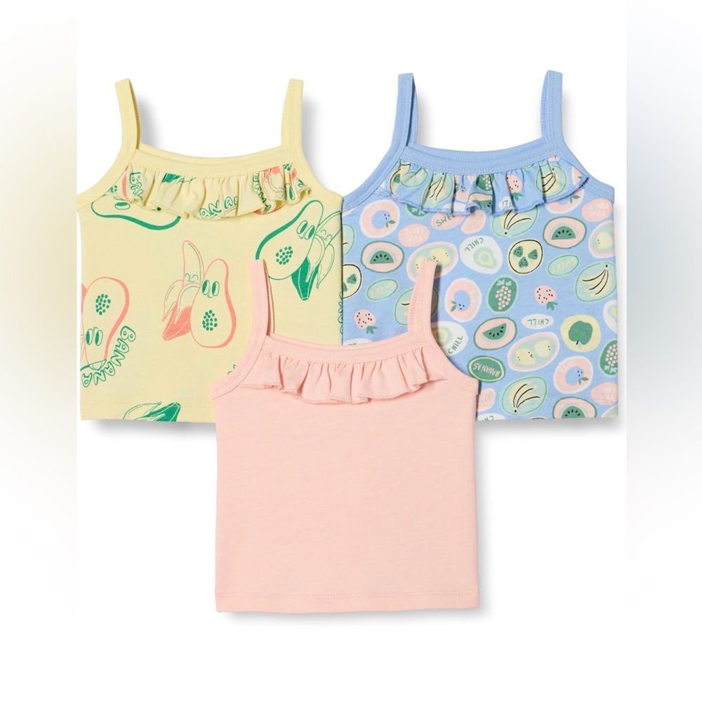 Amazon Essentials Girls' 3-Pack Ruffle Cami Tanks - Pink, Yellow, Blue
